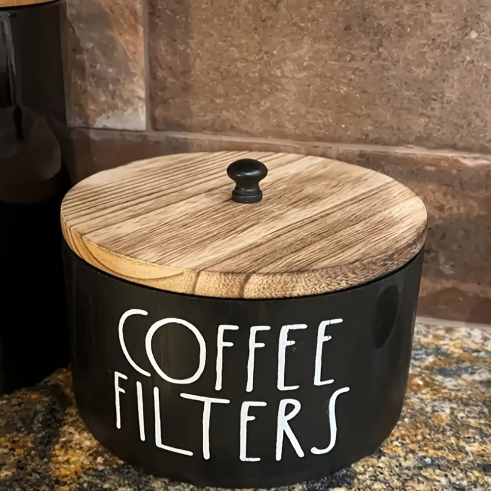 Wooden Coffee Filter Holder with Lid – Large Capacity Rustic Round Organizer Dispenser for Coffee Filters & Tea Bags, Bamboo Lid, Kitchen Countertop Coffee Bar Decor