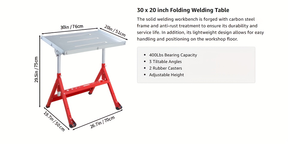 Steel Workbench with Wheels, Portable Welding Table Height-Adjustable 30"x20" Heavy Duty Steel Work Table for Garage Workshop Fabrication