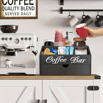 Coffee Bar Station Kitchen Organizer Wood Countertop Rack with Five Compartments and One Drawer
