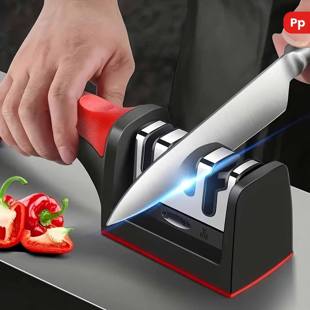 Four-Stage Manual Knife and Scissors Sharpener with Red Handle and Removable Sharpening Head