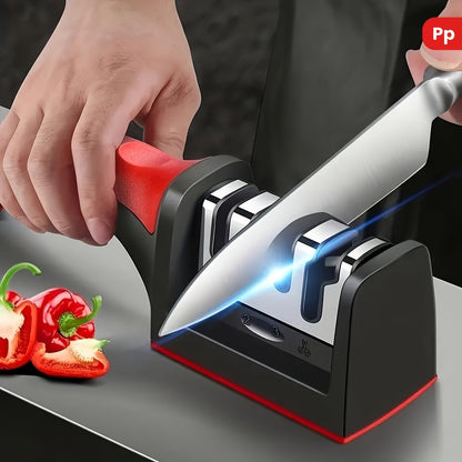 Four-Stage Manual Knife and Scissors Sharpener with Red Handle and Removable Sharpening Head