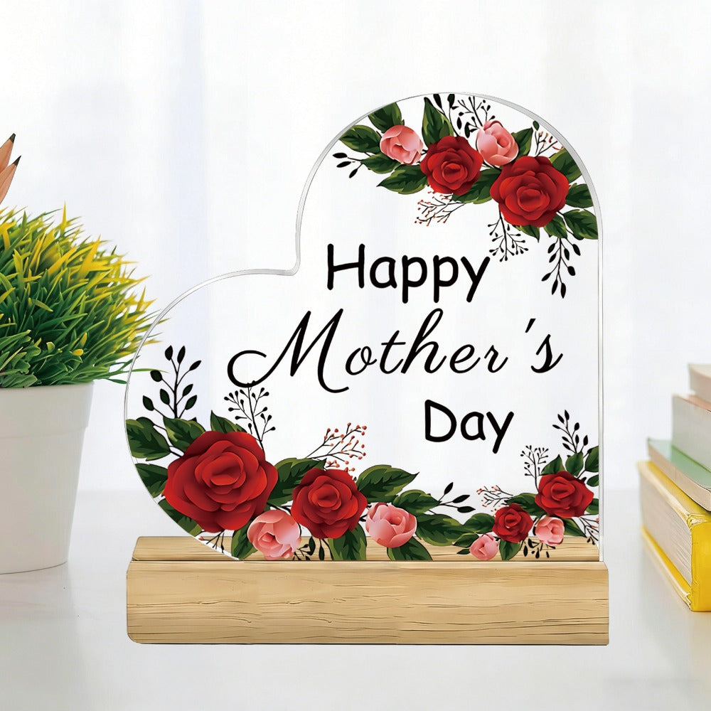 Mother's Day Heart-Shaped Acrylic Sign with Floral Print, 10.8 cm Height and Freestanding Wooden Base