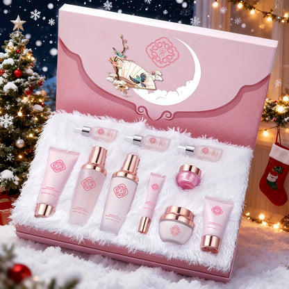 10-Piece Botanical Skincare Gift Set with Coordinated Bottles, Jars and Tubes in a Pink Presentation Box