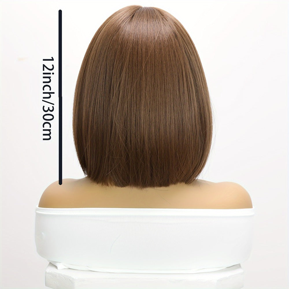 Synthetic Wig 12-Inch Straight Bob with Bangs and Rose Net Cap in Four Color Finishes for Daily Style