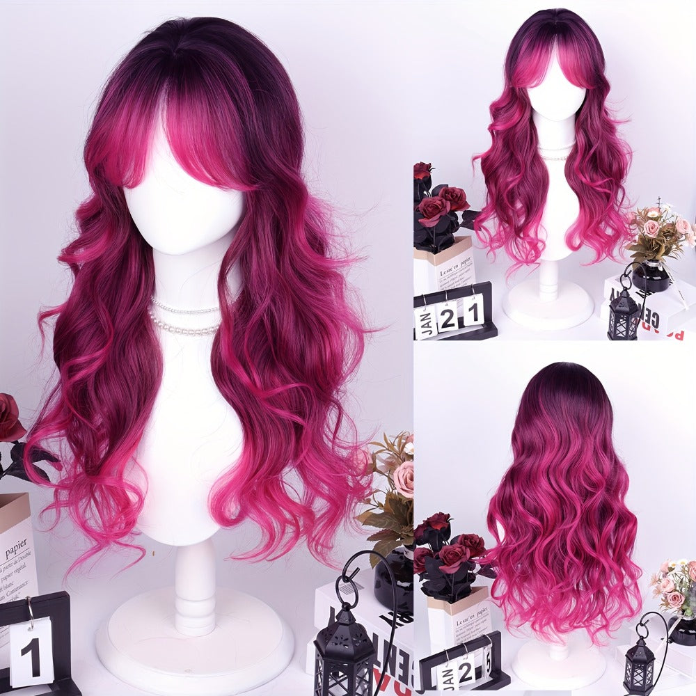 Synthetic Wig 28-Inch Rose-Red Gradient Waves with Air Bangs, 150% Density and Rose Net Cap