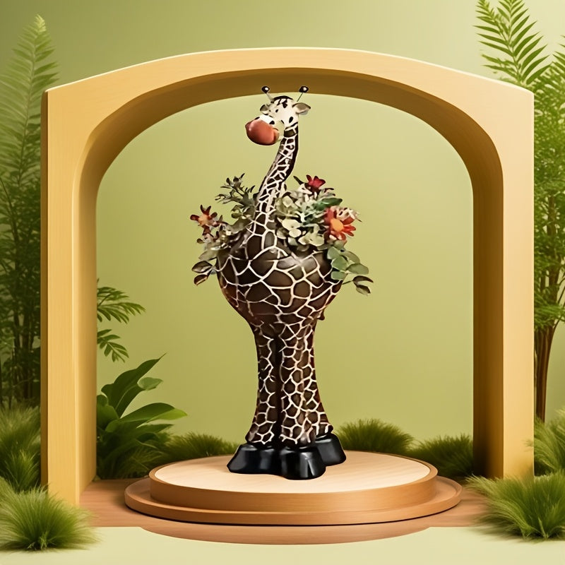 Giraffe-Shaped Decorative Planter with Pictured Long-Neck Body, Open Back Pot and Dark Base