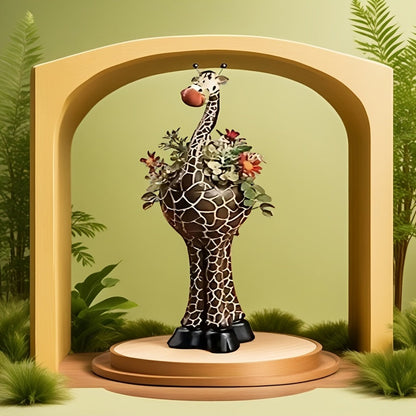Giraffe-Shaped Decorative Planter with Pictured Long-Neck Body, Open Back Pot and Dark Base