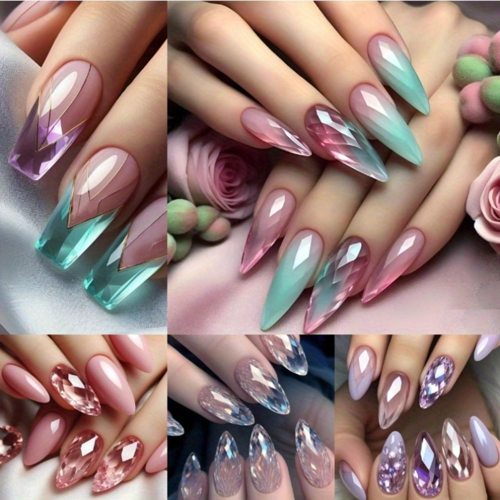 Holographic Nails 120 Pieces 5 Packs Medium Almond Press On Nails Gradient Iridescent – Mixed Color Orange Tones Full Cover Fake Nails Kit with Jelly Glue & Nail File for Women Girls