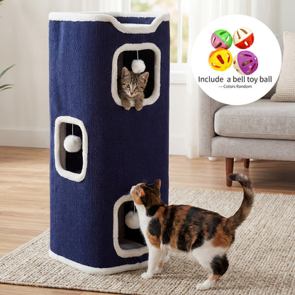 Cat Tree Tower Multi-Level Foldable Cat Condo for Indoor Cats - Scratch-Resistant Carpet, Hanging Bell Ball, Cozy Top Bed, Sturdy Frame Cat House with Multiple Entrances, 1 3 4 Tier Options for Kittens & Adults