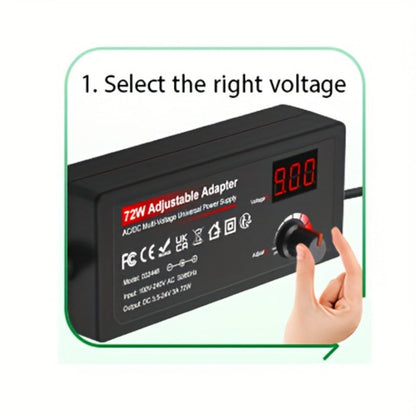 Adjustable 3–24V AC/DC Power Adapter with 72W Label, LCD Readout, Knob Control and Connector Set