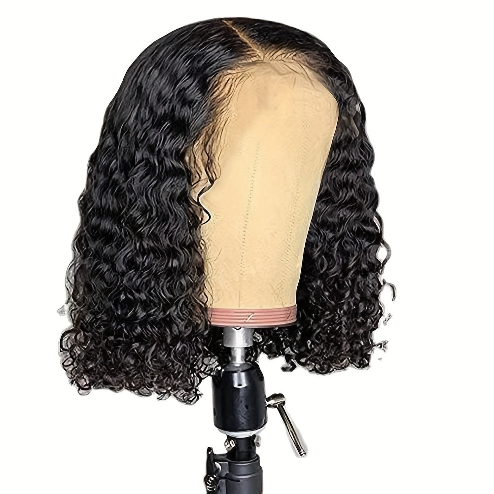 Short Water-Wave Synthetic Lace-Front Bob Wig with Deep Curls, Black Color and 14-Inch Length