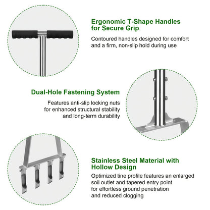 Lawn Core Aerator Tool with 4 Hollow Tines - Heavy Duty Manual Plug Aerator for Yard Soil Loosening, Thatch Removal, Grass Maintenance & Deep Core Aeration for Residential and Commercial Lawns