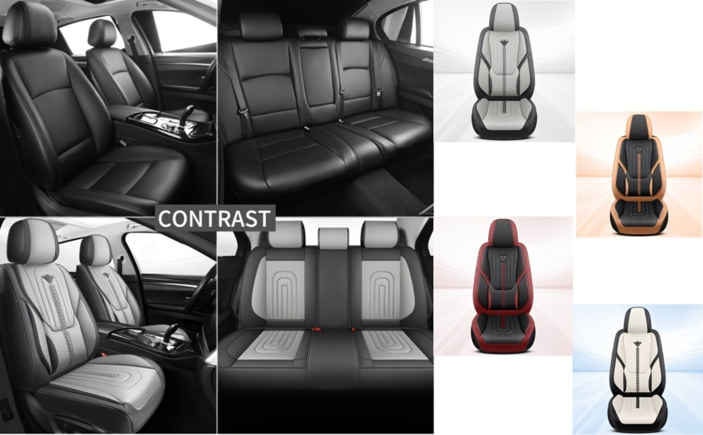 PU Leather Car Seat Cover Full Enclosure with Lumbar Support & Sponge Cushion – Two-Tone Sporty Design Universal Fit for Car Sedan Truck SUV (White-Black / Gray / Red-Black / Orange-Black)