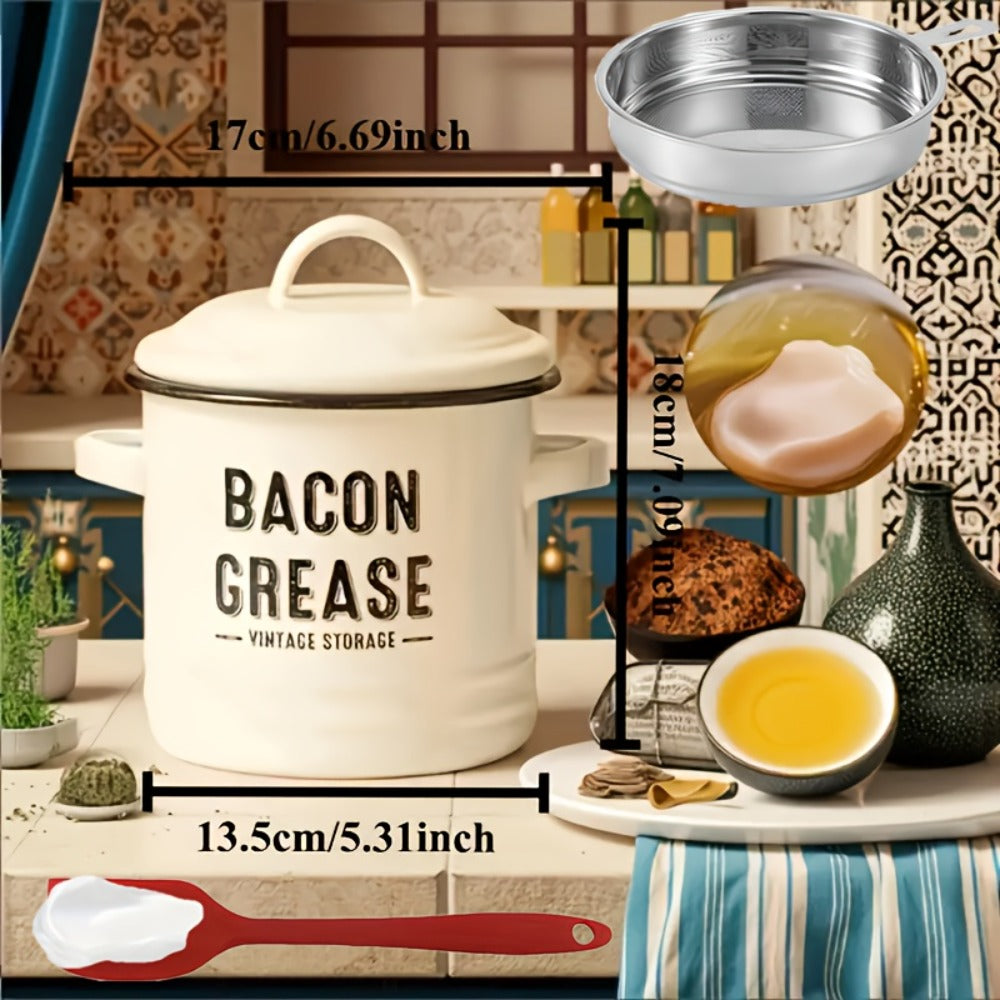 Bacon Grease Container with Lid, Large Grease Storage Can with Heat-Resistant Filter, Silicone Spatula & Cleaning Sponge Set