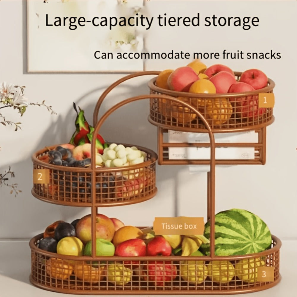 Three-Tier Metal Fruit Basket Stand in White or Black with 15.75-Inch Rectangular Base Tray