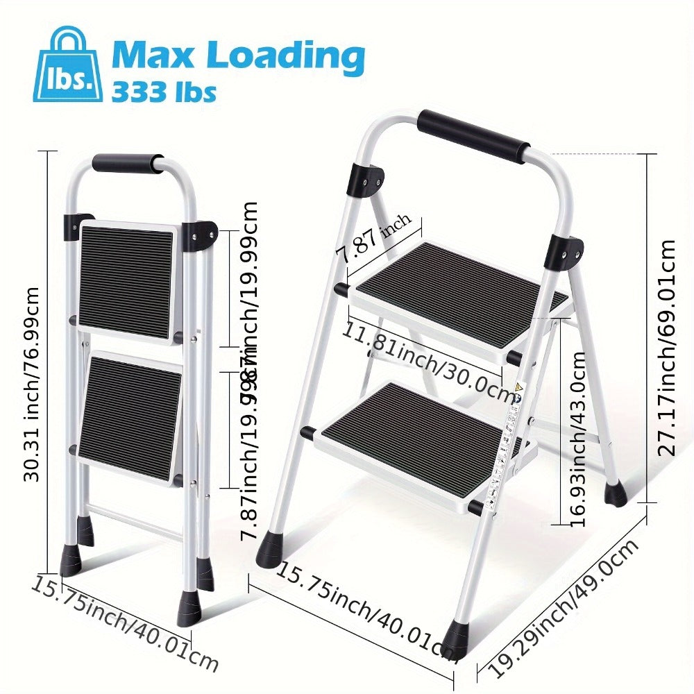 Two-Step Folding Step Ladder in White or Red with Wide Tread Platforms and Curved Safety Handle