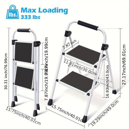 Two-Step Folding Step Ladder in White or Red with Wide Tread Platforms and Curved Safety Handle