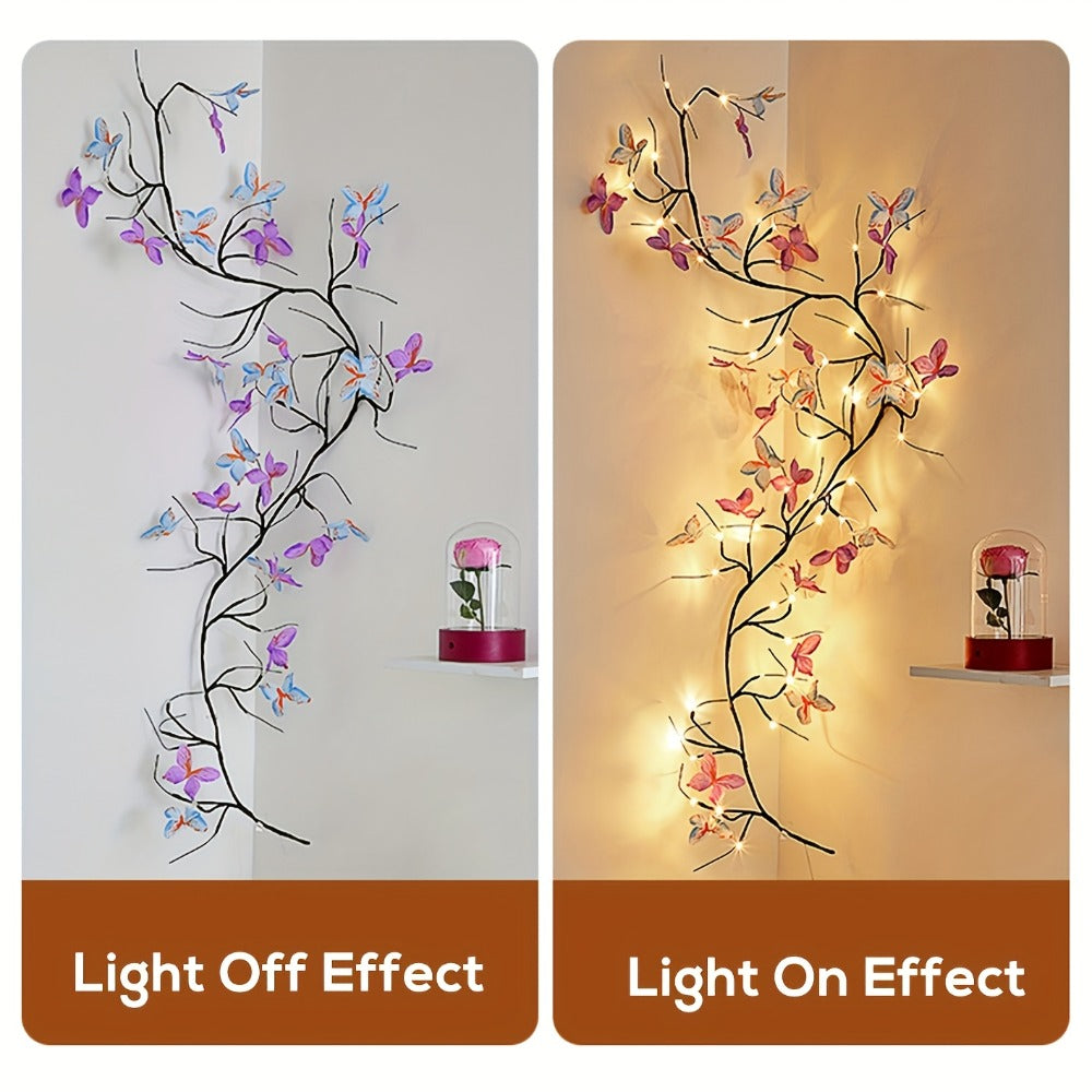 Butterfly Branch String Lights – 30 LED Vine Fairy Lights with Artificial Purple-Blue Butterflies, 8 Lighting Modes, USB Powered Warm White, Boho Wall Decor for Bedroom Wedding Birthday Party Festival