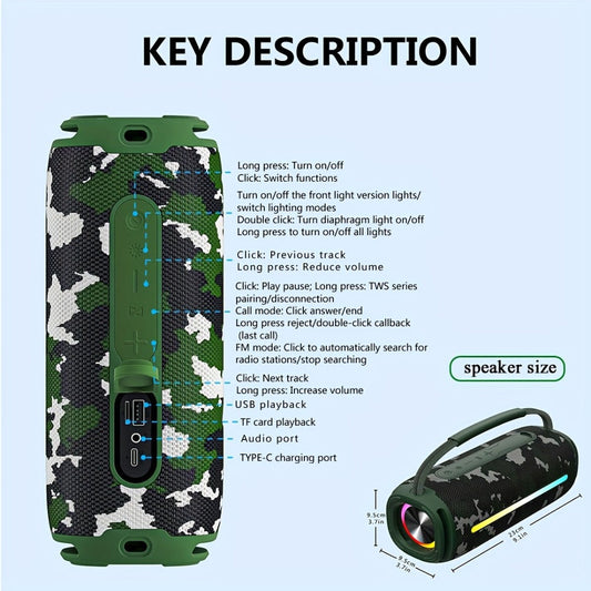 50W Portable Bluetooth Party Speaker with LED Lights, Deep Bass Wireless Speaker, FM Radio, USB Flash Drive & TF Card Playback, Loud Outdoor Speaker for Party, Camping, Home, Backyard & Events