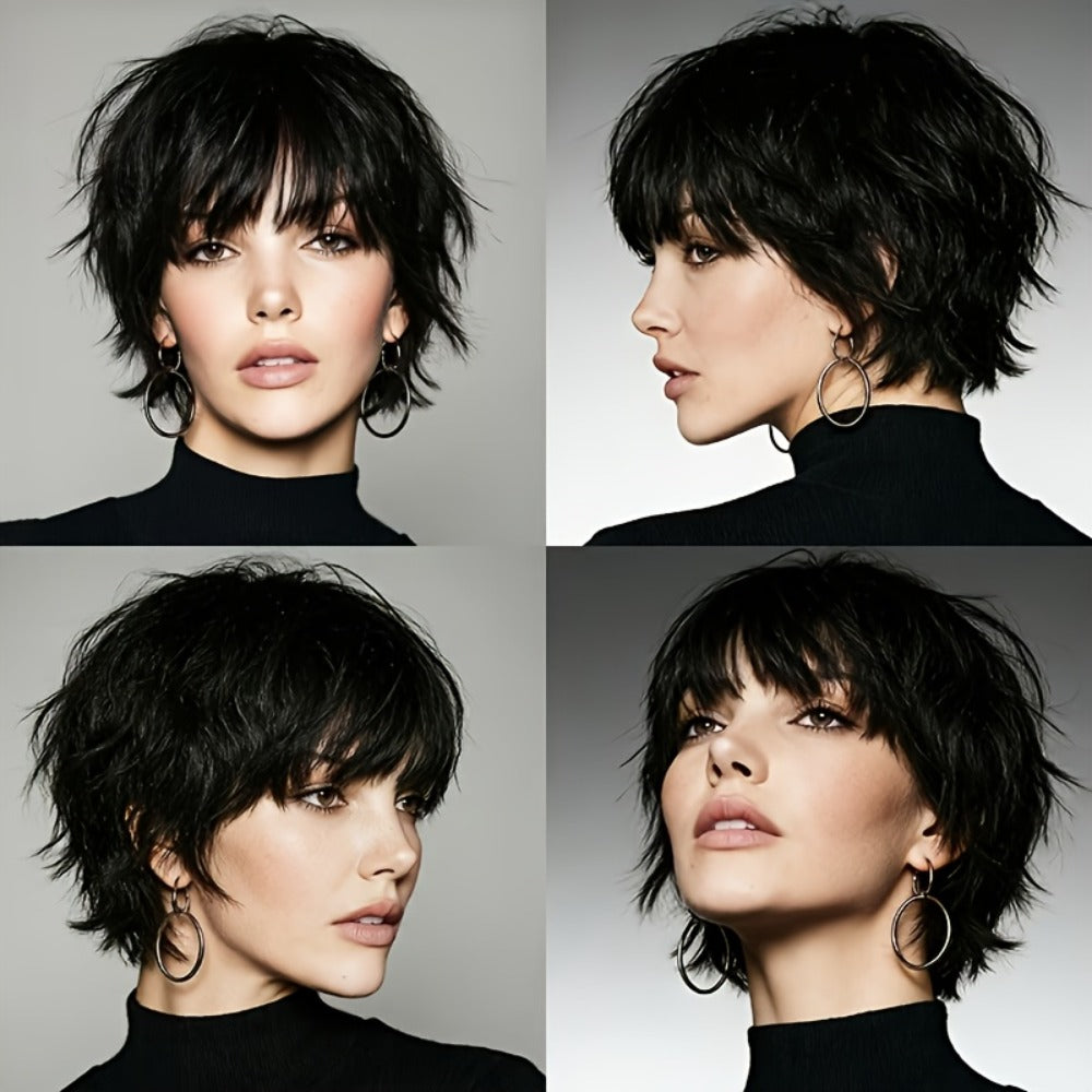 Pixie Cut Human Hair Wig with Bangs in 1B or Number 4 Color and 6 or 8 Inch Length Options