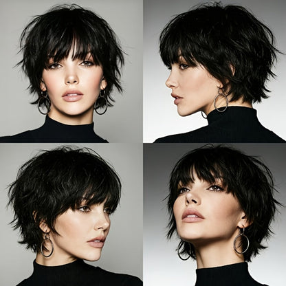 Pixie Cut Human Hair Wig with Bangs in 1B or Number 4 Color and 6 or 8 Inch Length Options