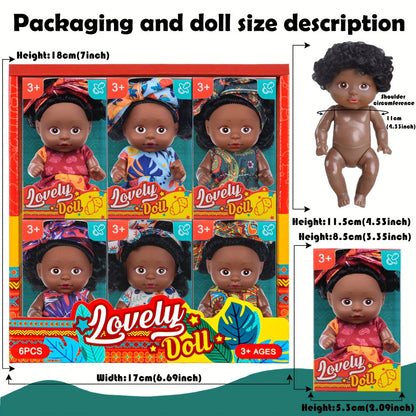 Mini Baby Doll Six-Piece Set with Dark Skin Tones, 4.53-Inch Dolls, Curly Hair and Patterned Outfits