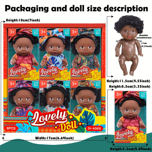 Mini Black Baby Doll Set 6 Pcs 4.5 Inch Curly Hair Rotatable Poseable – Flower Pajamas Gift Box, Cute Diverse Newborn Dolls for Kids, Birthday Christmas Holiday Gift for Girls Ages 3+ (Random Patterns)