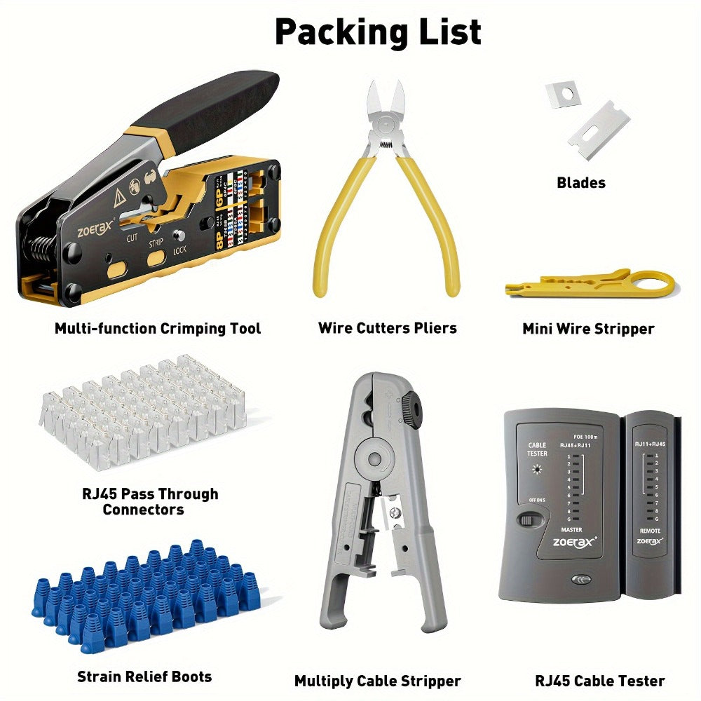 RJ45 Pass-Through Crimping Tool Kit with Cable Tester, Wire Stripper, Pliers and 50 Connectors