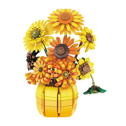 Sunflower Bouquet Building Blocks Set with 1009-Piece Checkout Label, Adjustable Petals and Yellow Vase Display