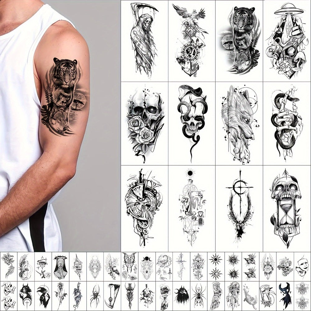 Temporary Tattoos GLARYYEARS 48-Piece Black Skull, Snake and Dark Art Set with 12 Large and 36 Small Sheets
