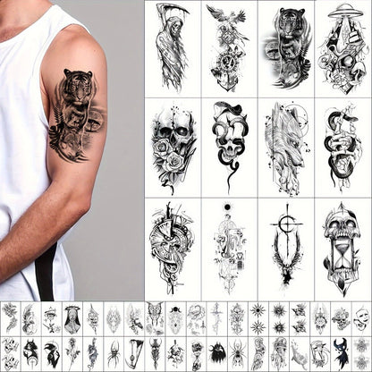 Temporary Tattoos GLARYYEARS 48-Piece Black Skull, Snake and Dark Art Set with 12 Large and 36 Small Sheets