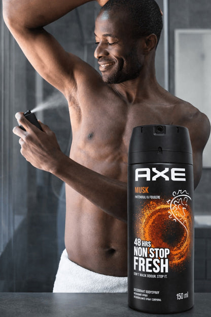 AXE Musk Body Spray Three-Pack with 150ml Black Aerosol Cans, Musk Scent Label and 5 oz Marking