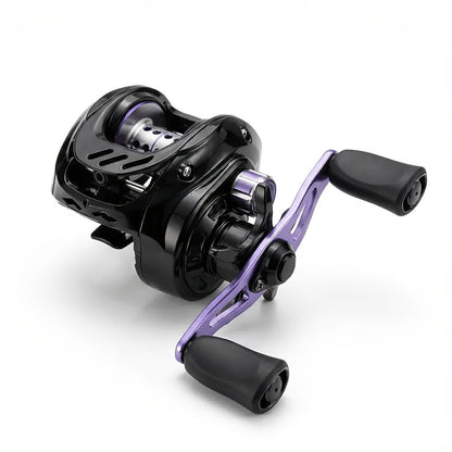 Black and Purple Baitcasting Fishing Reel with Left- or Right-Hand Retrieve and Dual-Paddle Handle