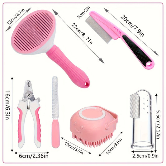 Cat & Dog Grooming Set 9-in-1 & 11-in-1 – Self-Cleaning Slicker Brush, Nail Clippers & File, Flea Comb, Shampoo Brush, Finger Toothbrush & Storage Bag, No Battery, Pink or Blue