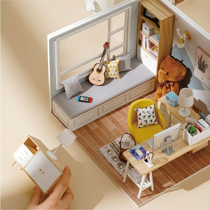 Sunshine Study DIY Miniature Room Kit with Desk, Sofa, Guitar and Clear Display Cover for Adult Shelf Decor