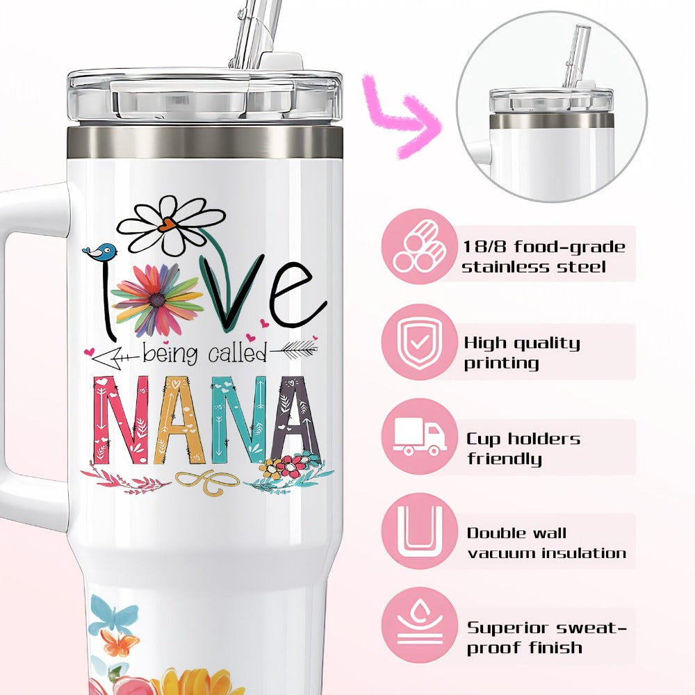 Floral Nana Graphic Stainless Steel Tumbler with Lid and Straw in White 16oz or 40oz Options