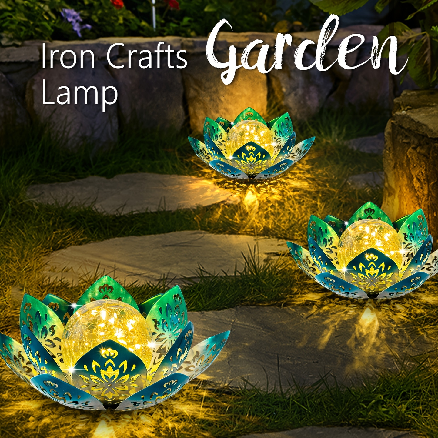 Solar Garden Light Lotus Flower with Cracked Glass Globe, IPX4 Rating and Three Color Options