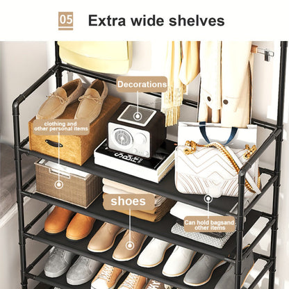 Shoe Rack Floor-Standing Organizer with 8 Double Hooks and 3-Layer or 5-Layer Black Options