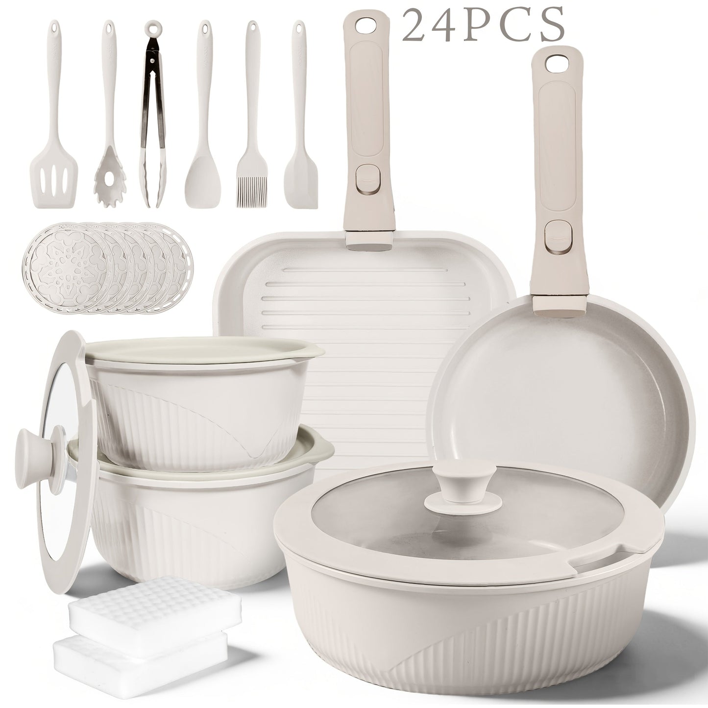 Detachable-Handle Cookware Set in 5-, 7- or 24-Piece Configurations with Stackable Pots, Pans and Lids