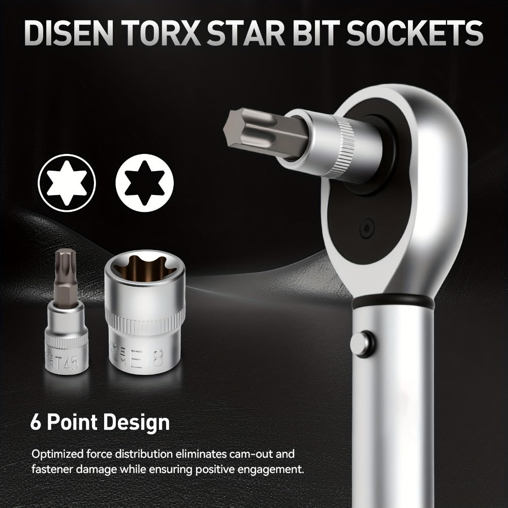 Torx Star Bit Socket Set 34/46-Piece - 3/8" Drive CR-V E-Socket E4-E20, T10-T60, Tamper-Proof TT10-TT55, S2 Steel, 5/16"F to 3/8"M Adapter, Storage Case - For Car, Truck & Home Improvement