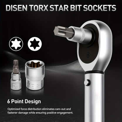 Torx Star Bit Socket Set 34/46-Piece - 3/8" Drive CR-V E-Socket E4-E20, T10-T60, Tamper-Proof TT10-TT55, S2 Steel, 5/16"F to 3/8"M Adapter, Storage Case - For Car, Truck & Home Improvement