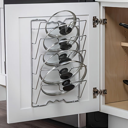 Wall-Mount Pot Lid Kitchen Organizer with Six-Tier Metal Rack for Cabinet Doors or Kitchen Walls