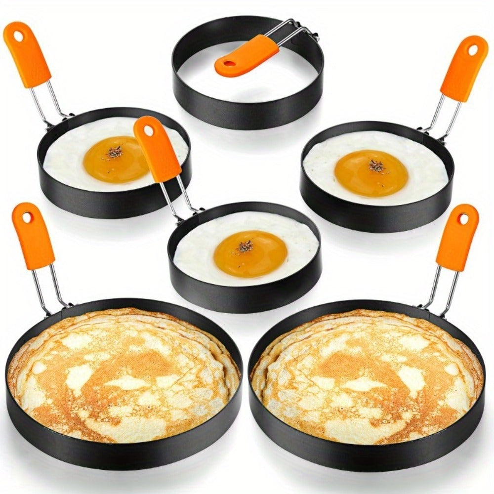 Egg Ring Set 6pcs Nonstick Stainless Steel Pancake Mold 4 Inch and 6 Inch Silicone Handle for Entryways, Bedrooms and Living Spaces