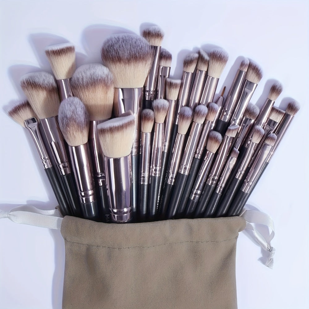 Makeup Brush Set, 30-Piece Nylon Bristle Collection with Alloy Handles, Face and Eye Brush Shapes and Storage Pouch