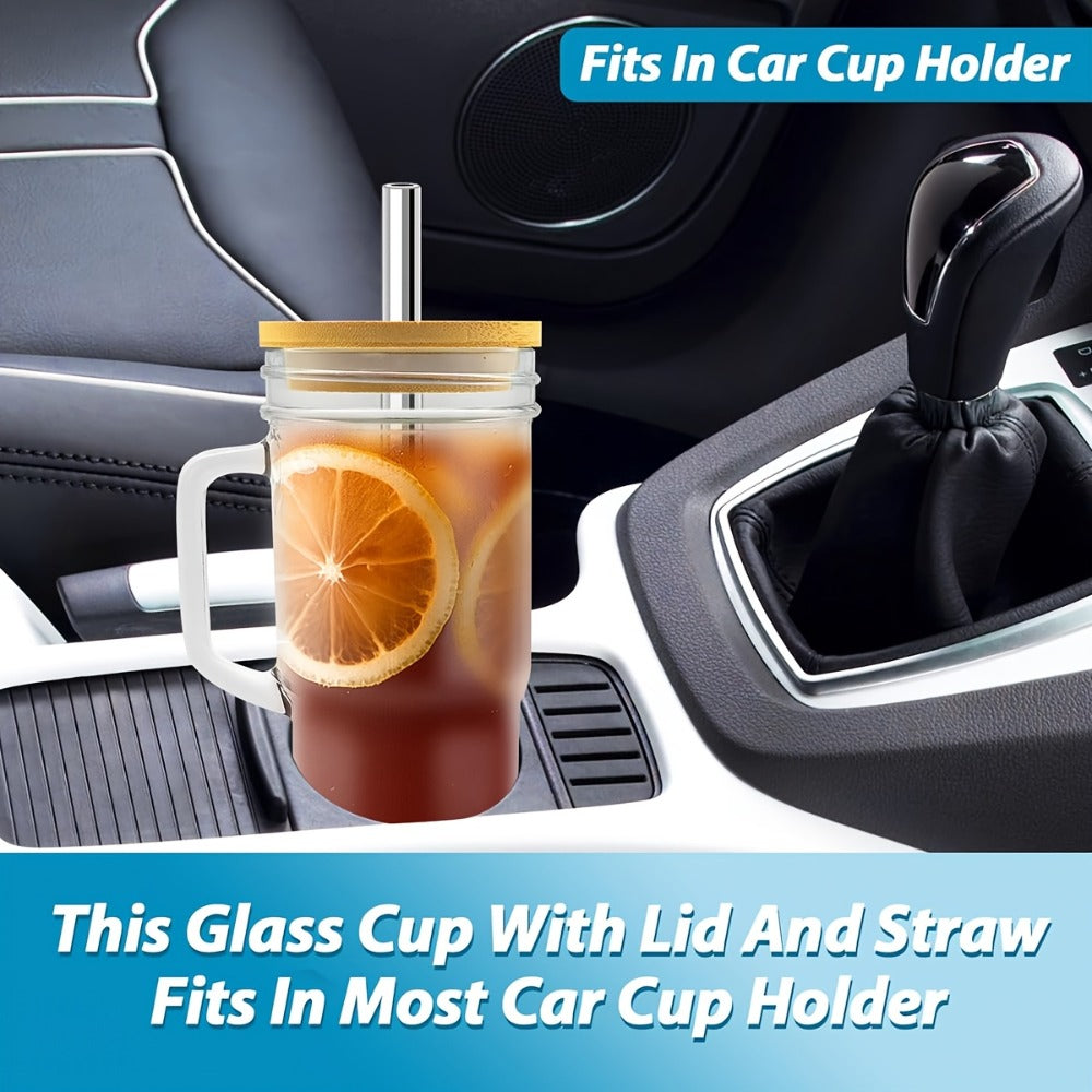 Handled Glass Tumbler Drinkware Set, 24oz Mason-Style Cups with Bamboo Lids, Straws and Brushes in 2 or 4 Pieces