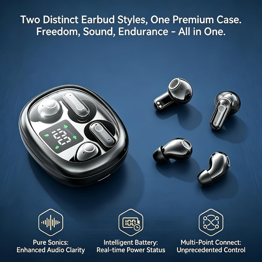 Four-Earbud Wireless Set with Two In-Ear Styles, Digital Charging Case and Three Color Options