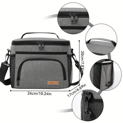 Insulated Lunch Bag with Adjustable Shoulder Strap, Dual Zippers and Black, Grey or Blue Color Options