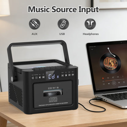 Portable Boombox CD Player with Cassette Tape, FM Radio & MP3 Player, HiFi Stereo Speaker System