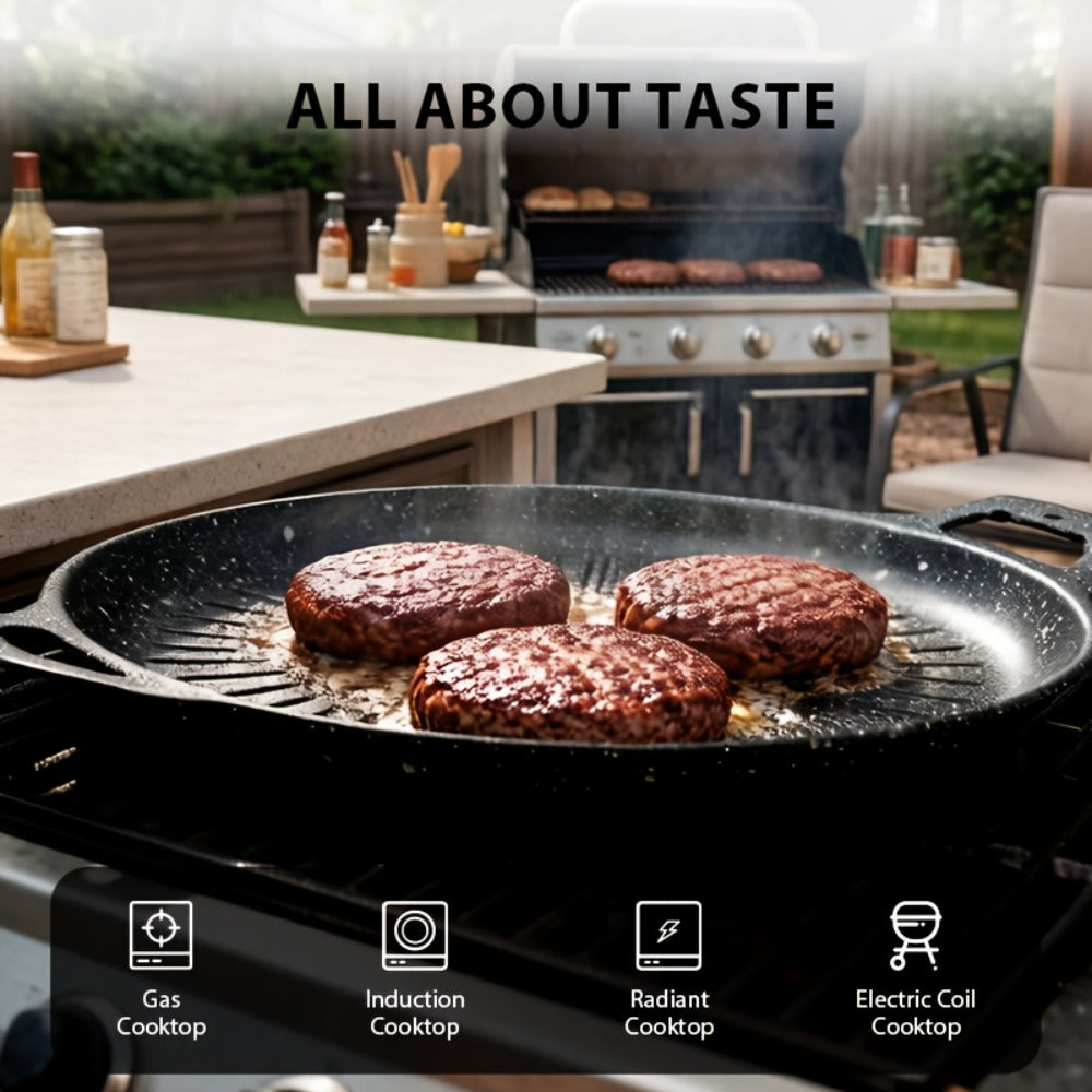 BBQ Griddle Pan Non-Stick with Oil Drain Groove & Double Handles – Multi-Function Grill Frying Pan with Oil Brush for Outdoor BBQ Family Gatherings Indoor Stovetop Cooking | Easy Clean Cookware