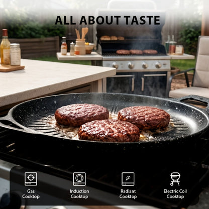 BBQ Griddle Pan Non-Stick with Oil Drain Groove & Double Handles – Multi-Function Grill Frying Pan with Oil Brush for Outdoor BBQ Family Gatherings Indoor Stovetop Cooking | Easy Clean Cookware